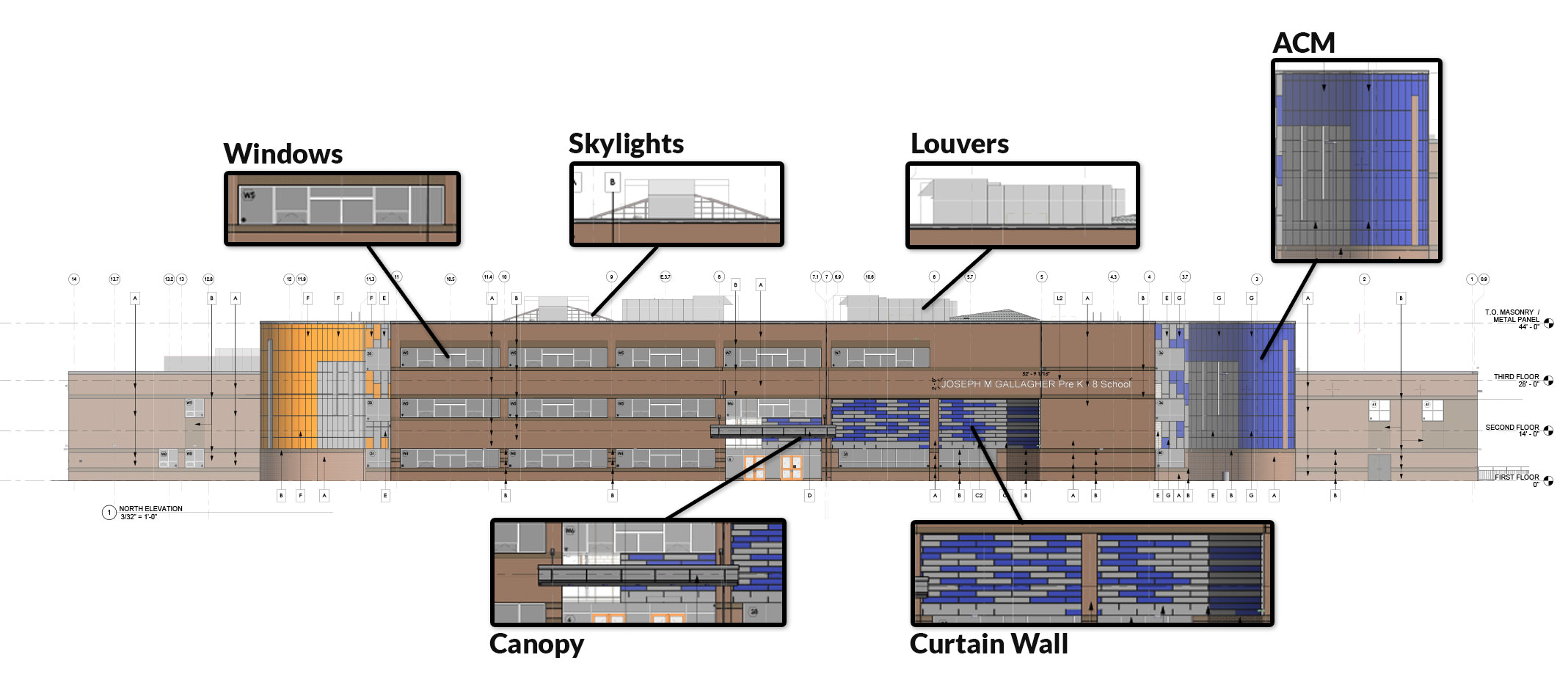 Elevation plan with detailed sections of products offered by Murfin CBP